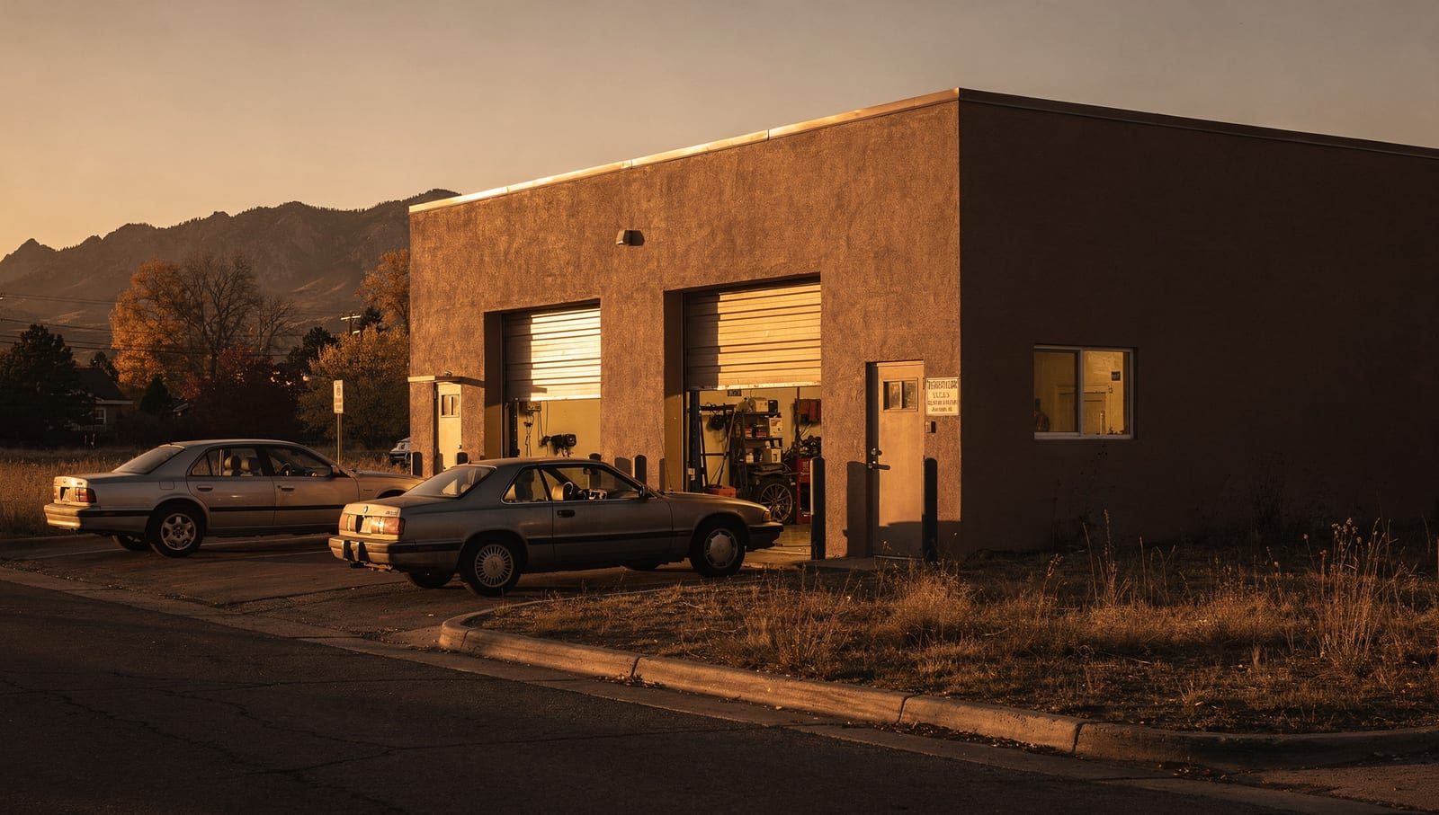 P & A Complete Auto Repair on a quiet Aurora street at golden hour, with the Front Range foothills behind